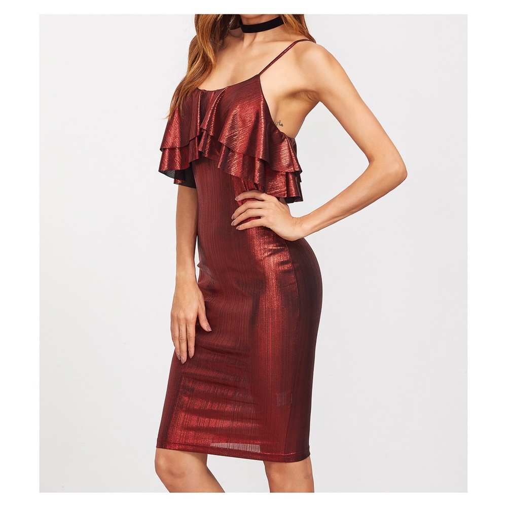 Metallic Bodycon Midi Dress Ruffle Red - Picture 3 of 8